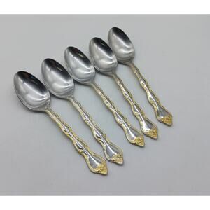 5 Oval Place Soup Spoon Tablespoon Rose Cascade Towle Supreme 18/8 Gold Accent